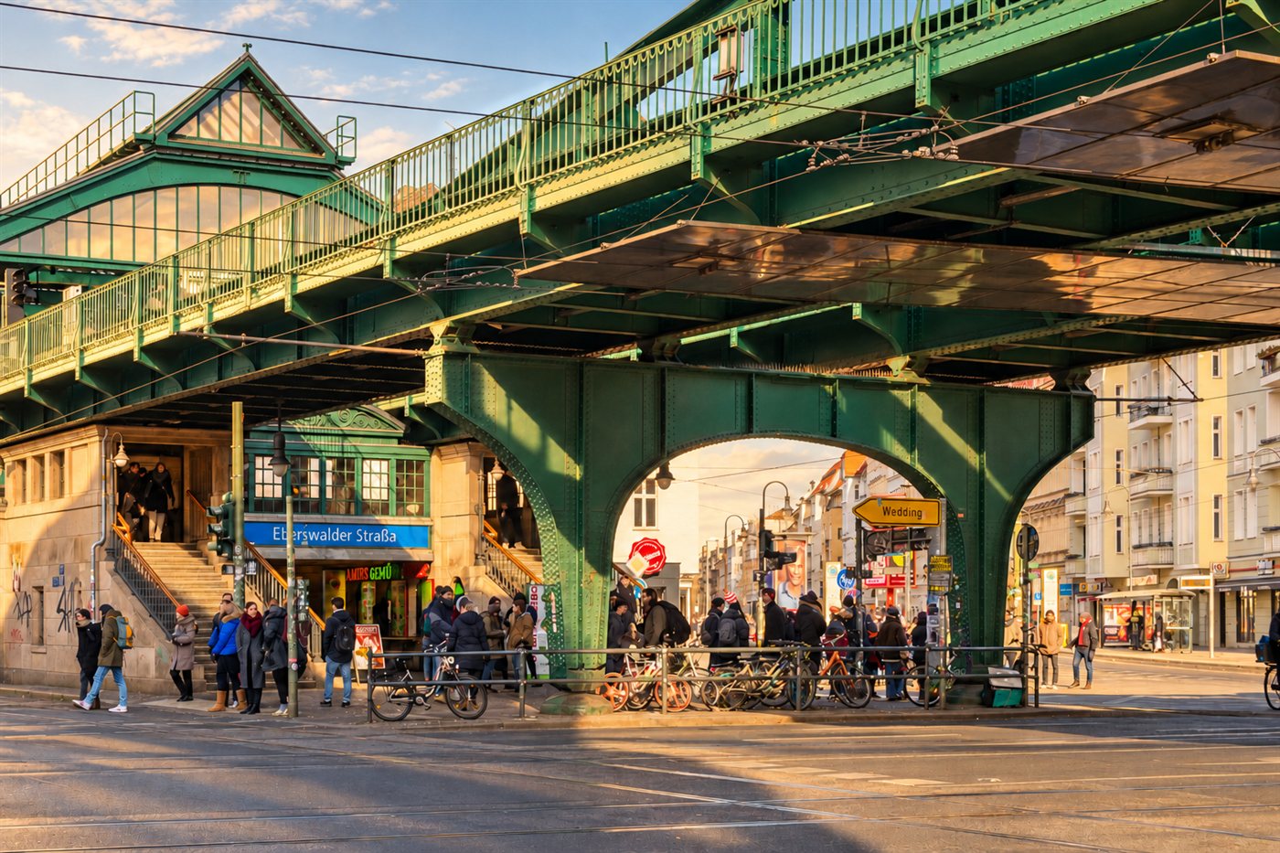 Eberswalder Strasse crossing with the green U2 viaduct, Prenzlauer Berg, Berlin