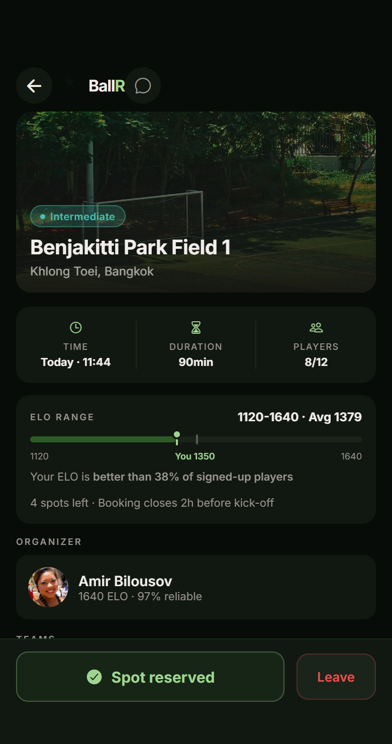BallR match details with skill level, player places and organiser