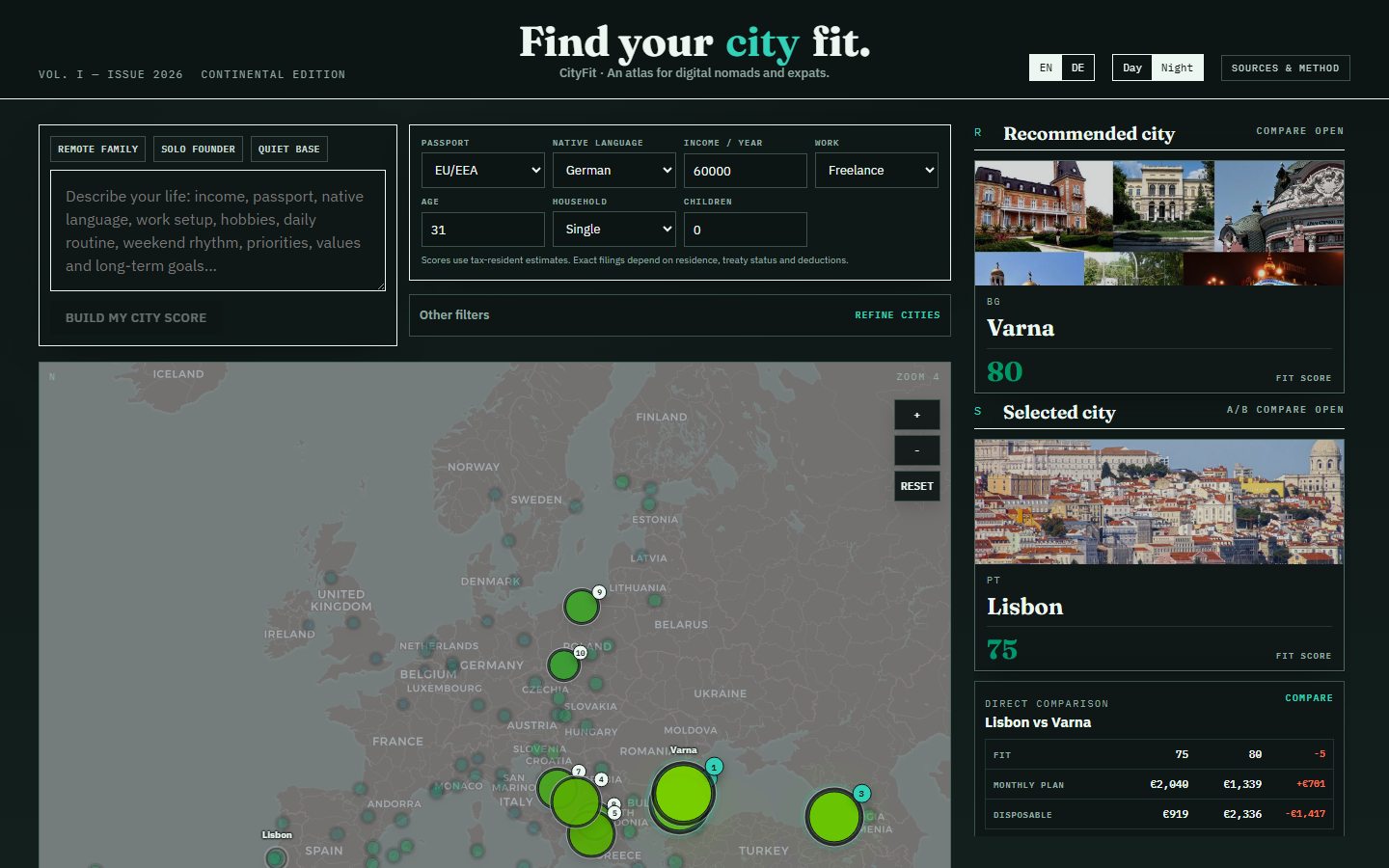 CityFit atlas screenshot with Europe map and city recommendations