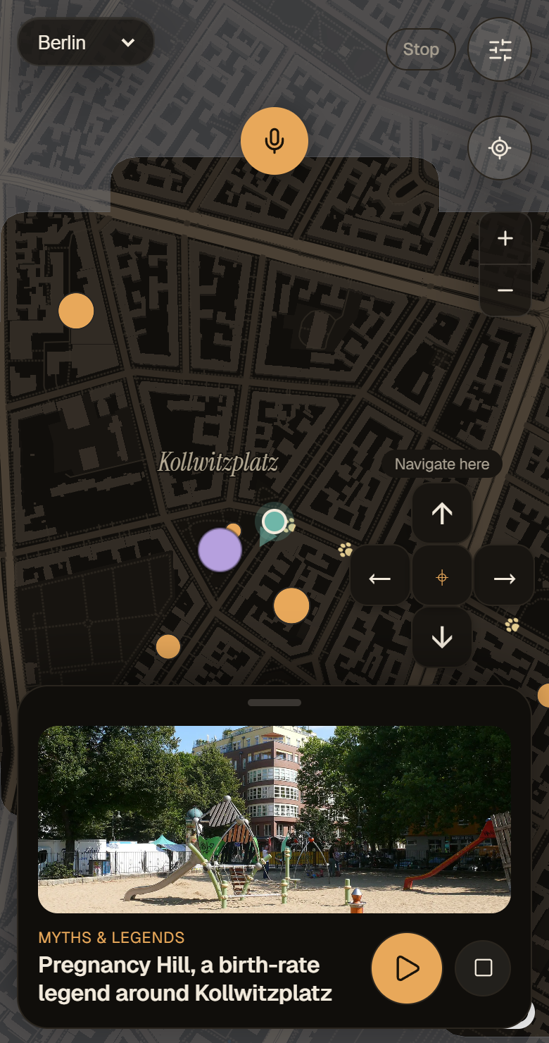 KiezWalk map with nearby stories and audio controls