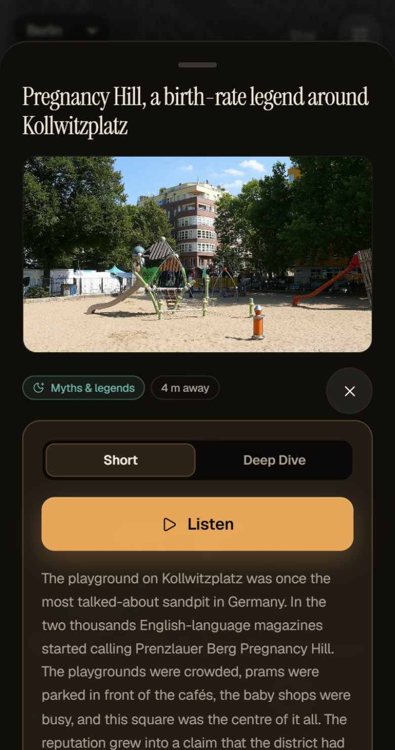 KiezWalk story with photograph, text and Listen button