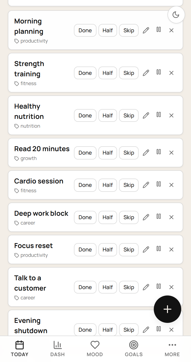 meOS daily habits with planning, training, reading and focus blocks