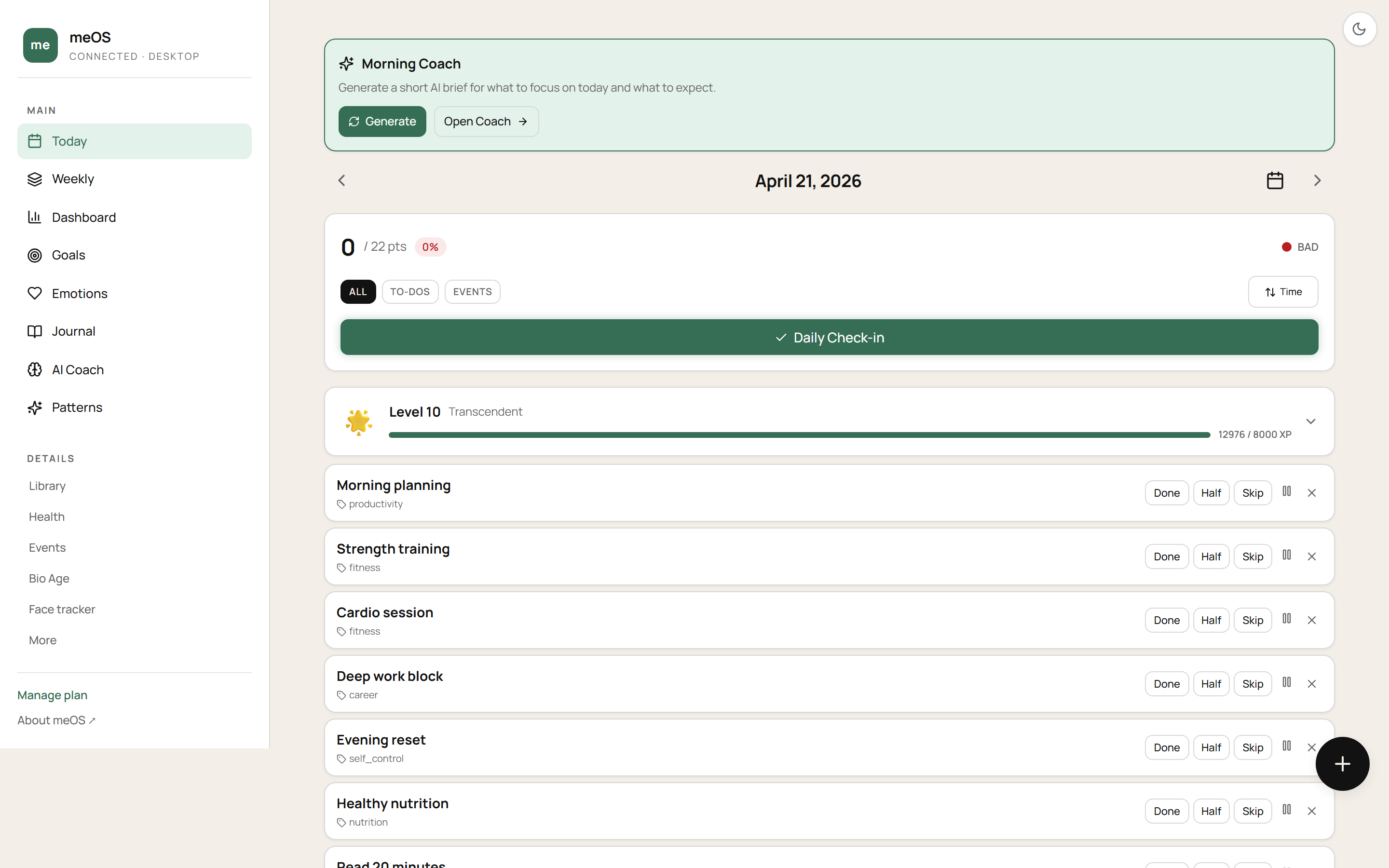 meOS desktop screenshot with morning coach and daily check-in